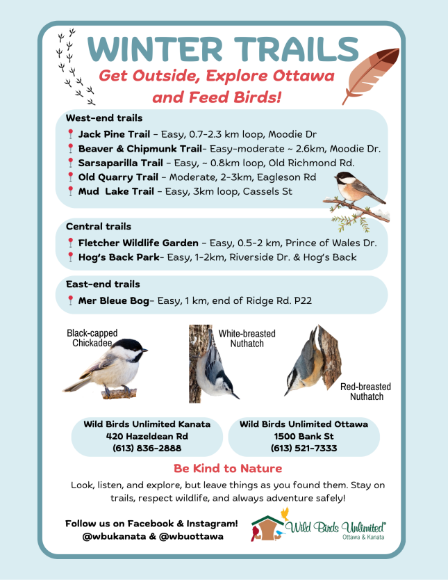Map of chickadee-friendly trails around Ottawa